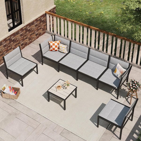 AECOJOY 7 Pieces Cotton-Filled Textilene Fabric Outdoor Patio Furniture, Metal Sectional Conversation Sets with Table in Grey