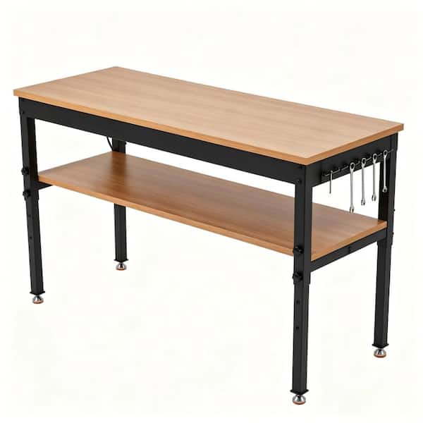 Adjustable Workbench with Storage Shelf & Power Outlet Heavy-Duty 48x24 Inch Office Computer Desk, 2-Tier, No Wheels