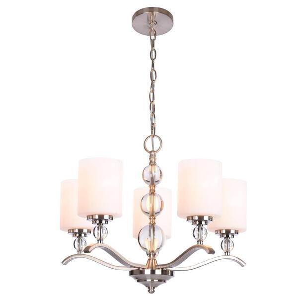 Hampton Bay Laurel Hill 5-Light Brushed Nickel Chandelier with Opal Glass Shades and Glass Ball Accents