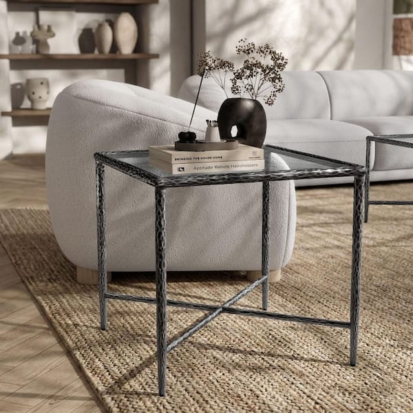Parto 23.6 in. Modern Forged Gray Metal Square Glass Top End Table