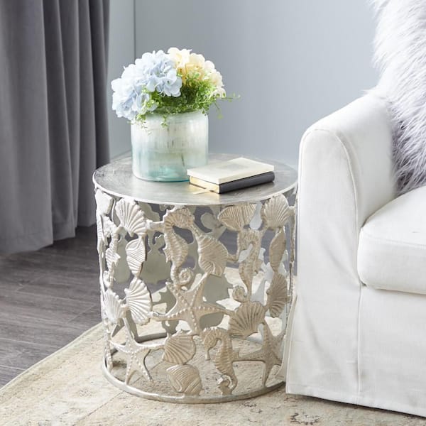 Litton Lane 18 in. Silver Sea Life Medium Round Aluminum End Table