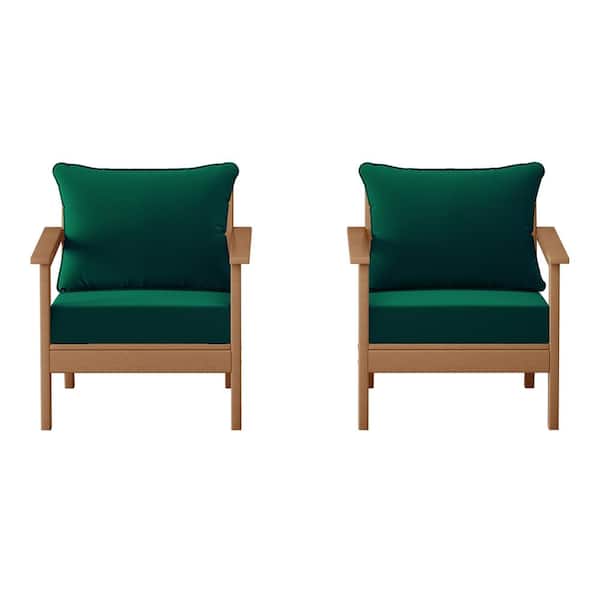 Birchwood Teak Outdoor Patio (Set of 2) Deep Seating HDPE Lounge Chairs w/ Green Cushions