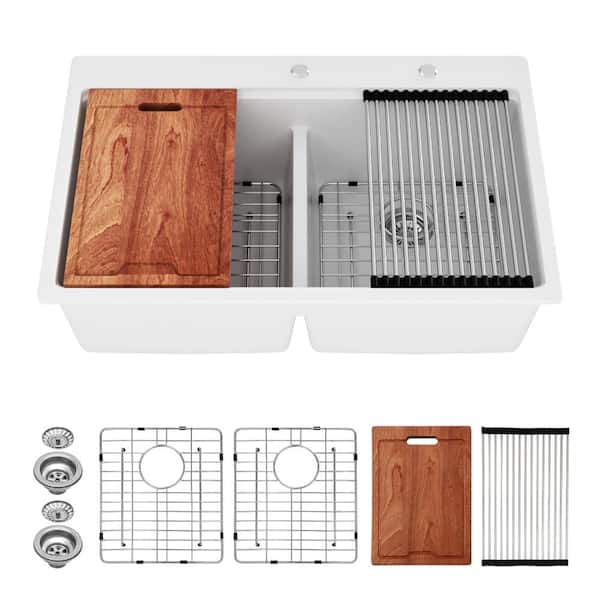 33 in Drop-in Quartz/Granite Composite 50/50 Double Bowl Workstation Kitchen Sink Low Divide in White With Accessories
