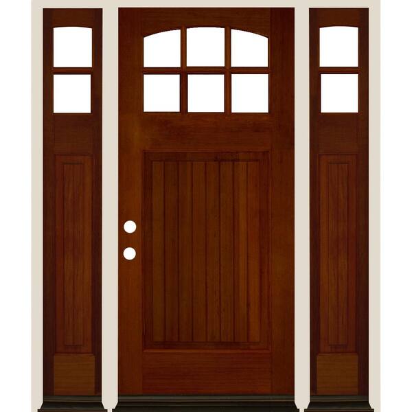 Krosswood Doors 64 in. x 80 in. V-Groove Arch 6-Lite Clear Glass Red Chestnut Stain Right Hand Hemlock Prehung Front Door with DSL