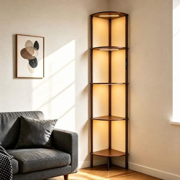 66.5 in. Retro Brown 5-Tier Dimmable LED Column Circular Sector Shelf Floor Lamp with Color Temperature