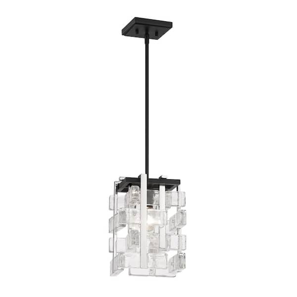 Metropolitan Painesdale 1-Light Sand Black and Polished Nickel Cage Mini-Pendant with Clear Pressed Glass Accents