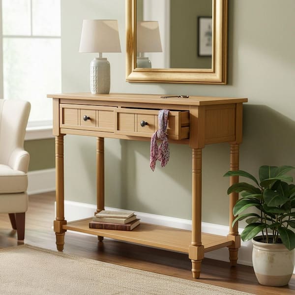 35.5 in. Natural Brown Rectangle Wood Console Table with 2 Drawers and Bottom Shelf