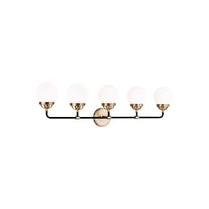 Cafe 38.25 in. W 5-Light Satin Brass Vanity Light with Etched/White Glass Shades and Matte Black Frame Accents