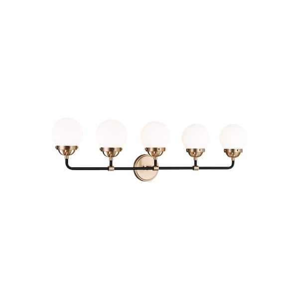 Generation Lighting Cafe 38.25 in. W 5-Light Satin Brass Vanity Light with Etched/White Glass Shades and Matte Black Frame Accents