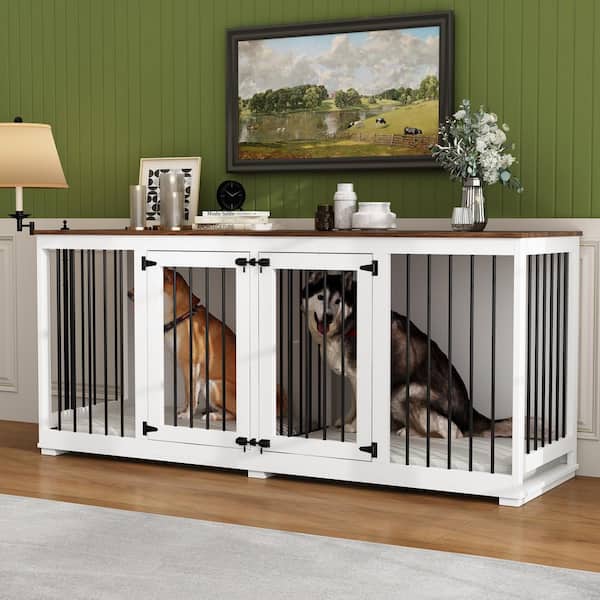 FUFU&GAGA 71 in. Heavy Duty Wooden Large Dog Pens, Indoor Dog Crate House with Double Rooms for Large Medium Small Dogs, White