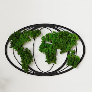 Moss World Map Metal Framed Black and Green Wall Decor Wall Greenery Art Print Natural Moss 21 in. x 32 in.