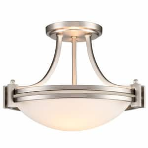 14.57 in. 2-Light Nickel Flush Mount with Frosted Glass Shade and No Light Bulb Type Included (1-Pack)