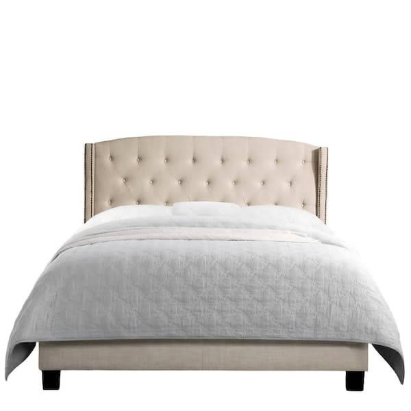 Beige Wood Frame High Back Upholstered Queen Platform Bed with Solid Wood Frame and Soft Fabric