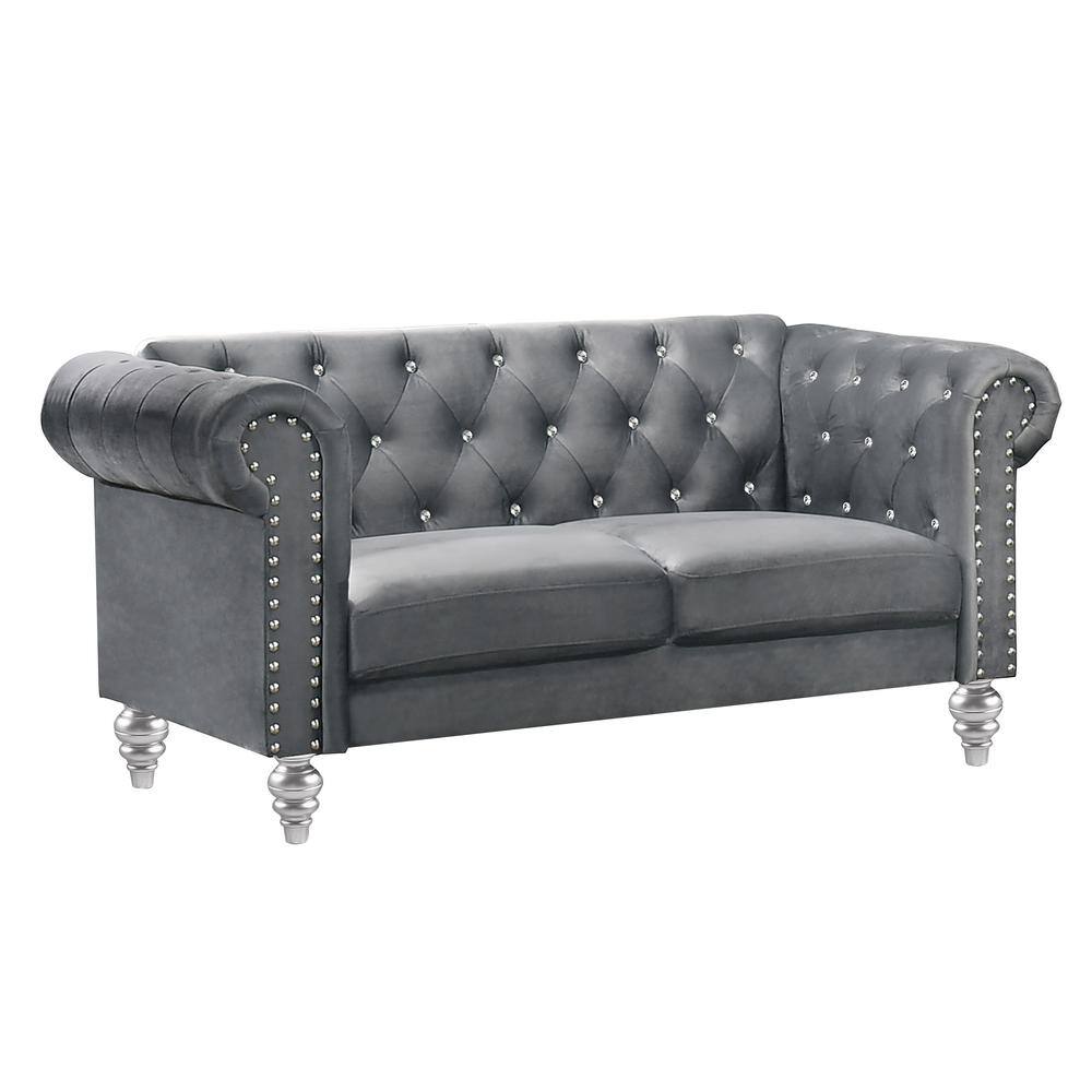 Emma Gray Velvet Chesterfield Loveseat and Sofa Set with Crystal Buttons