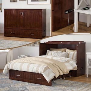 Southampton Full Walnut Murphy Bed Chest with Memory Foam Folding Mattress Built-in Charging Station and Storage Drawer