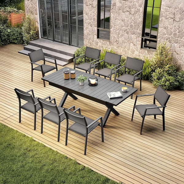 Black 9-Piece Aluminum Outdoor Dining Set with Extendable Dining Table