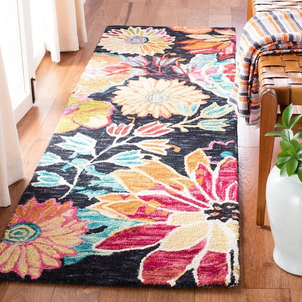 Aspen 2 ft. x 13 ft. Charcoal/Blue Floral Runner Rug