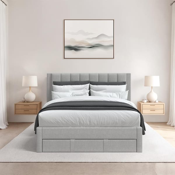 CorLiving Light Gray Wood Frame Full Platform Bed with Storage
