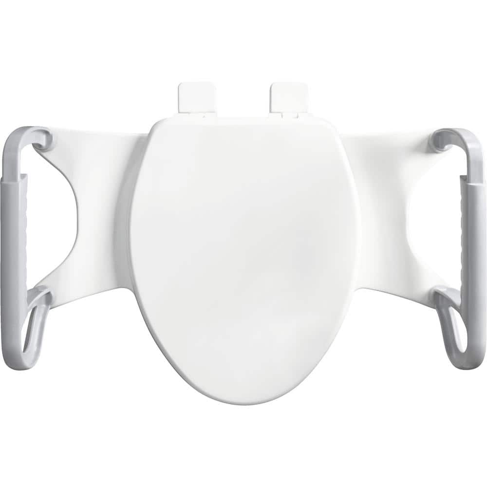 Elongated White Plastic Toilet Seat with Support Handles