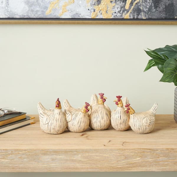 Beige Polystone Chicken Sculpture with Gold Heads