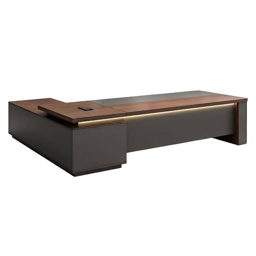 63-Inch Reversible L-Shaped Executive Desk with Power Outlet & LED Lighting