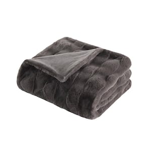 Gray Polyester Faux Fur Throw Blanket Basketweave Texture Set of 1
