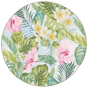 Barbados Green/Pink 7 ft. x 7 ft. Floral Indoor/Outdoor Patio  Round Area Rug