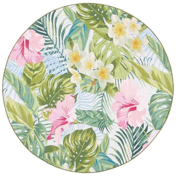 Barbados Green/Pink 7 ft. x 7 ft. Floral Indoor/Outdoor Patio  Round Area Rug