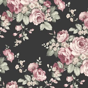 Grand Floral Black, Ebony, Plum & Pinks Vinyl Roll Wallpaper (Covers 55 sq. ft.)