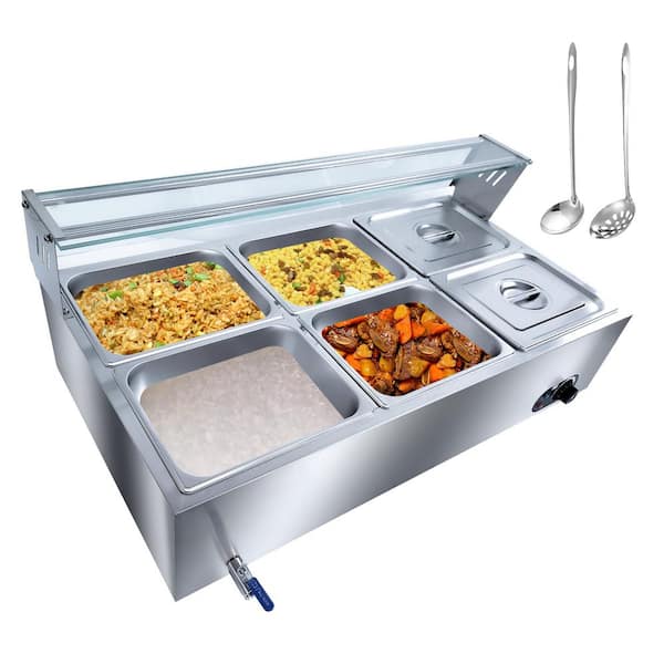 Garvee 72 Qt. 6-Crocks Commercial Food Warmer Buffet Server 1500-Watt Electric Steam Table in Stainless Steel with Glass Shield