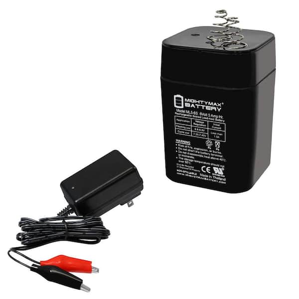 ML5-6S-6 Volt 5 AH, Spring S2 Terminal, Rechargeable SLA AGM Battery Includes 6V Charger