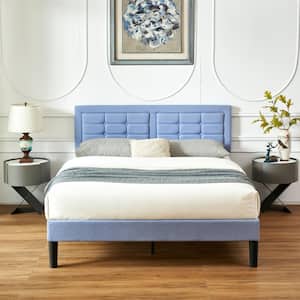 Upholstered Bed Light Blue Wood and Metal Frame Queen Platform Bed with Adjustable Headboard Bed Frame