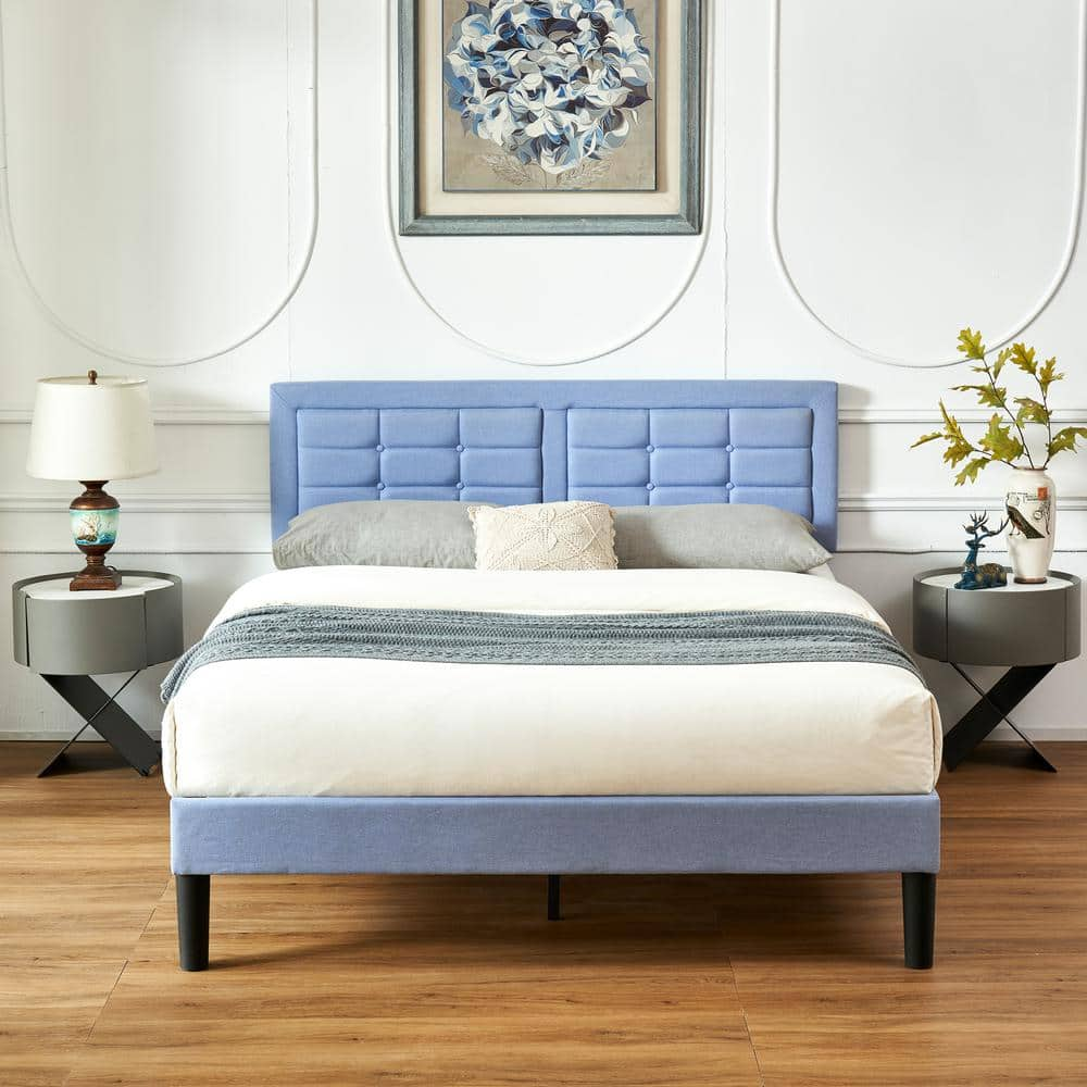 VECELO Upholstered Bed Light Blue Wood And Metal Frame Queen Platform ...