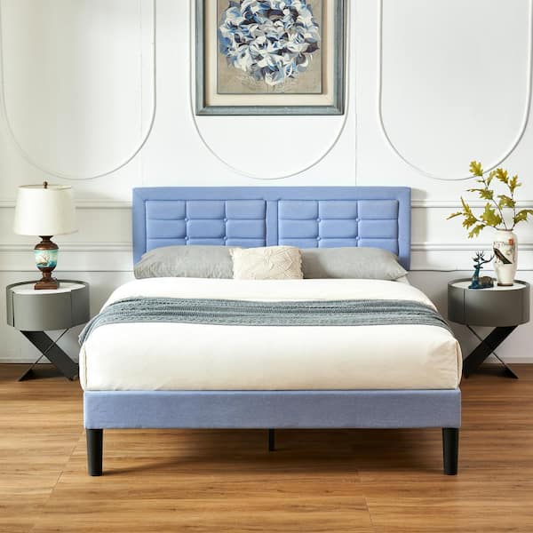 VECELO Upholstered Bed Light Blue Wood and Metal Frame Queen Platform Bed with Adjustable Headboard Bed Frame
