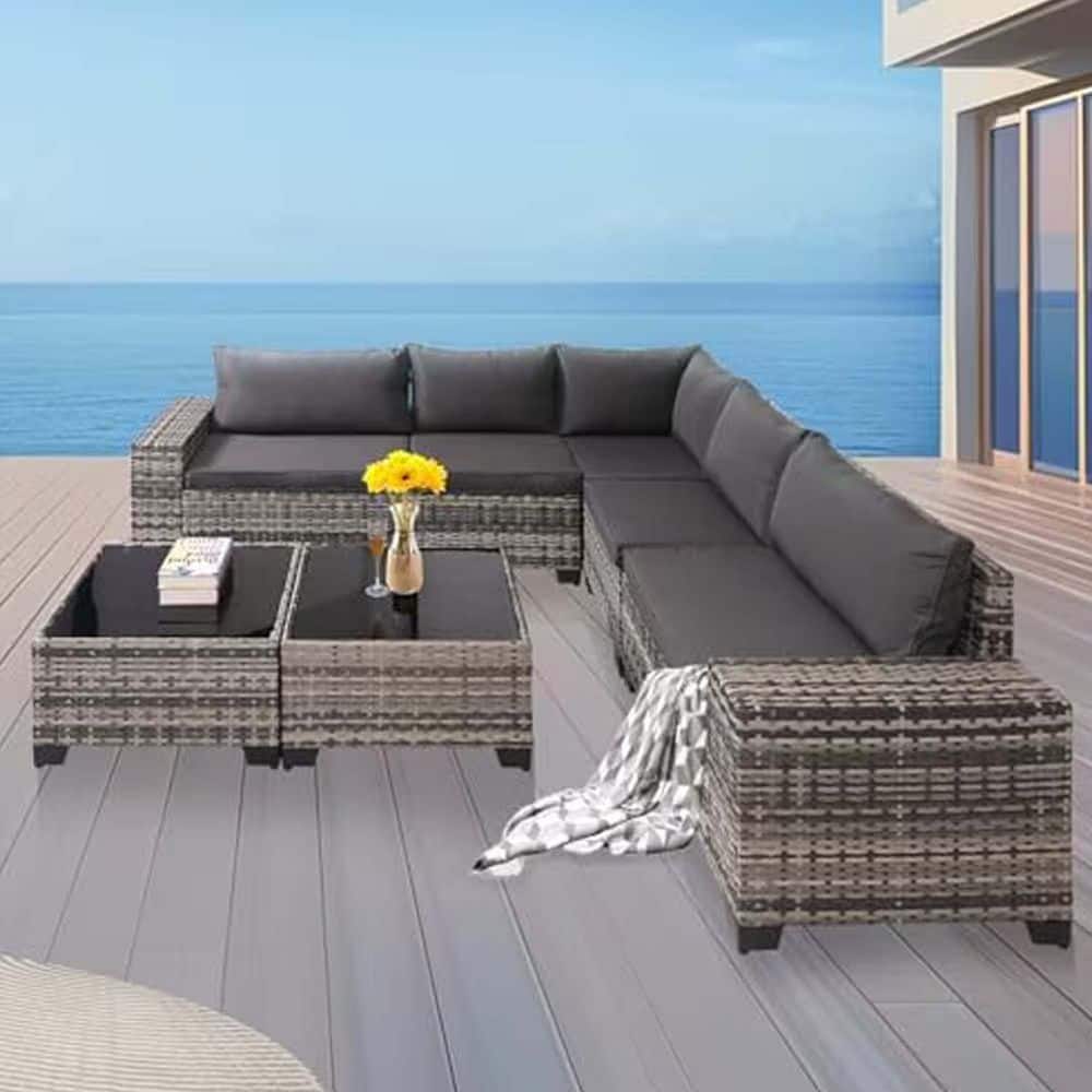 Grey 7-Piece Wicker Outdoor Patio Sectional Set with Grey Cushions price history on PriceWatchPro