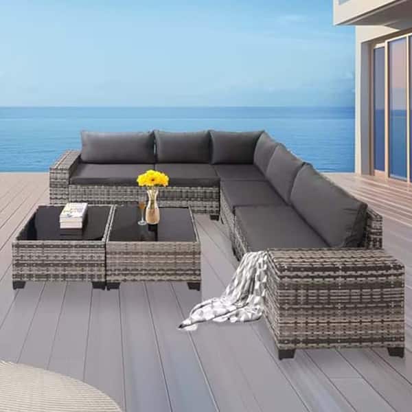 Grey 7-Piece Wicker Outdoor Patio Sectional Set with Grey Cushions