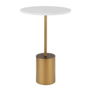 Fritz 15.875 in. Midcentury Modern Pedestal Accent Table with Gold Metal Base and Genuine White Marble Stone Tabletop