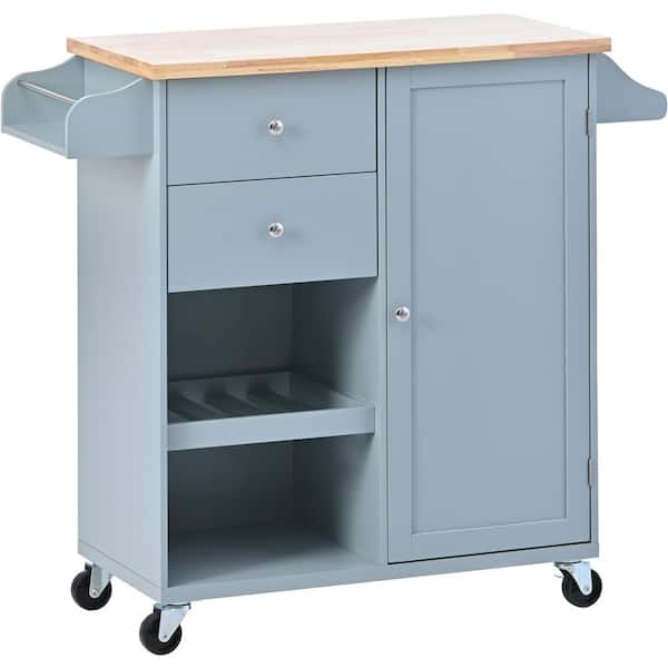 Polibi Grey Blue Kitchen Cart with Spice Rack, Towel Rack and 2-Drawers, Rubber wood top, Kitchen Island with 5-Wheels