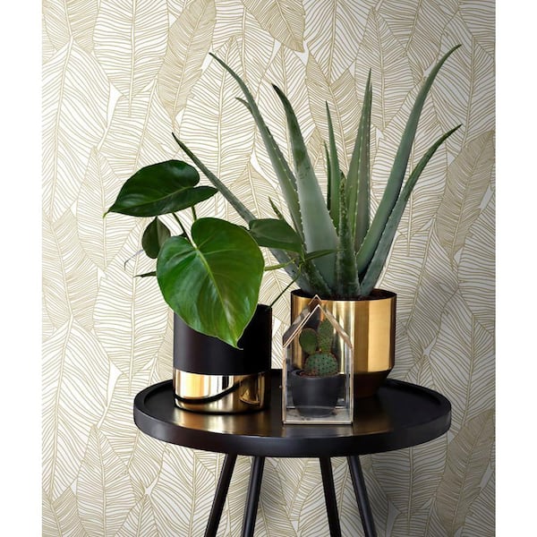 Canales White Gold Inked Leaves Wallpaper Sample