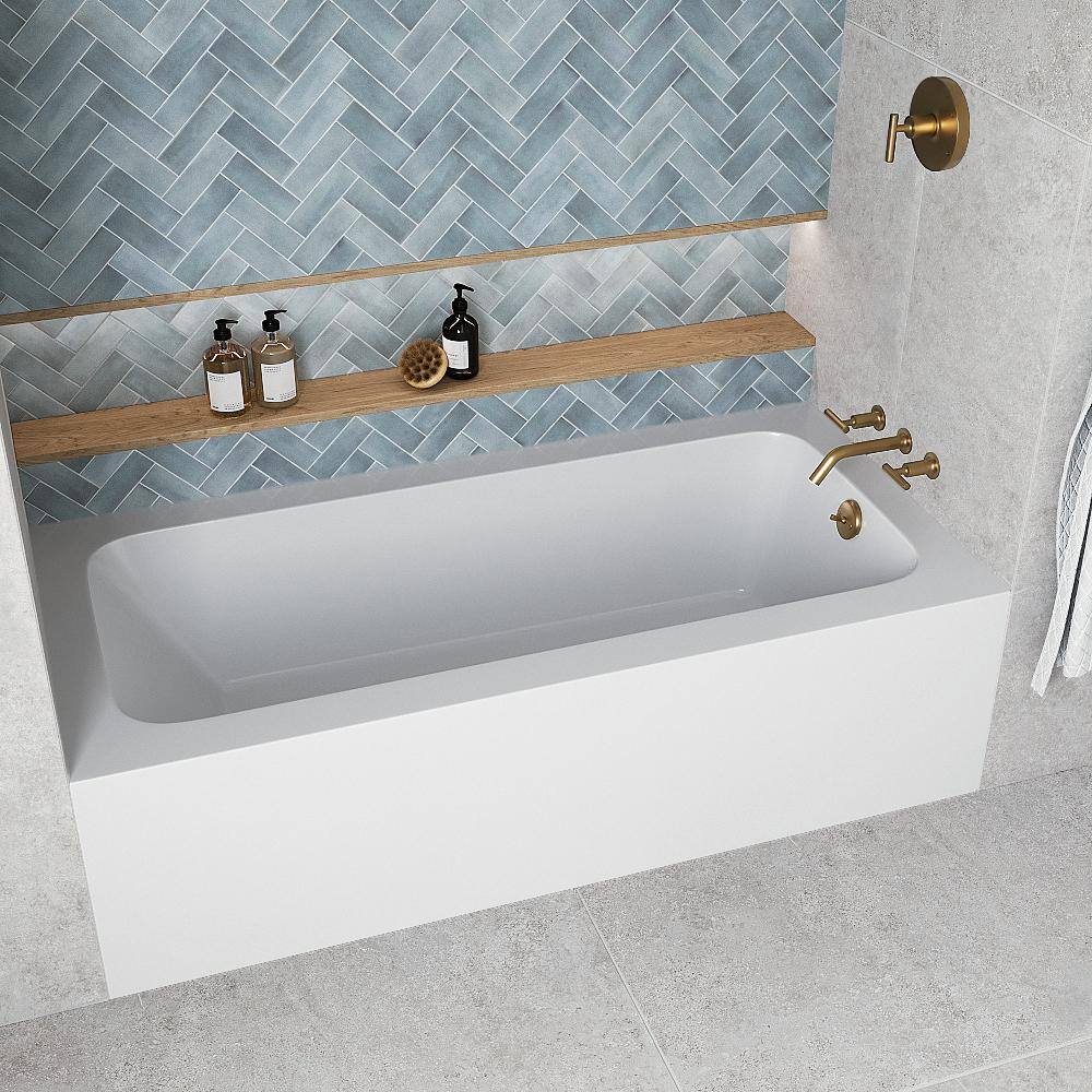 Glossy White Acrylic Alcove Bathtub with Brushed Gold Hardware
