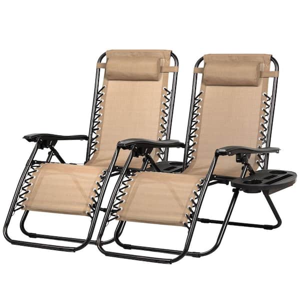 Oyezvary Zero Gravity Adjustable Lounge Chair Metal Reclining Beach Chair with Pillow and Cup Holder Set of 2 (Kahki)