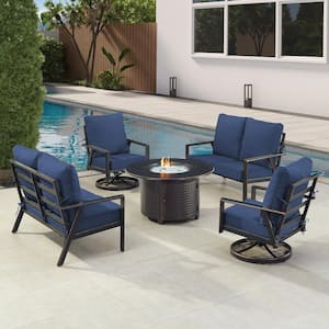 Black 7-Piece Aluminum Patio Fire Pit with 2-Deep Seating Loveseat and 2-Club Chairs Blue Cushions