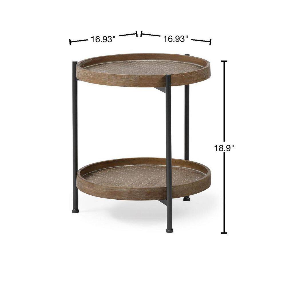 Medium Brown Distressed Wood and Black Metal Round End Table