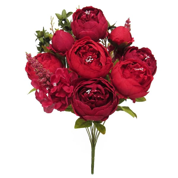 LIVING LUXURY 19 in. Burgundy Red Artificial Mixed Peony Hydrangea Flower Stem Bush Bouquet
