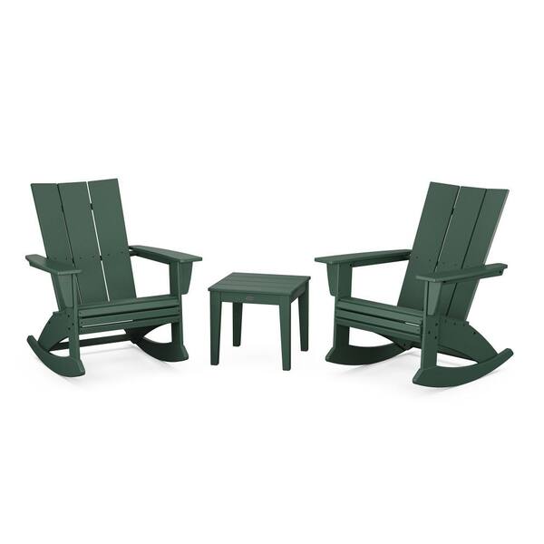 Modern Curveback Adirondack Rocking Chair Green 3-Piece HDPE Plastic Patio Conversation Set