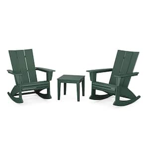 Modern Curveback Adirondack Rocking Chair Green 3-Piece HDPE Plastic Patio Conversation Set