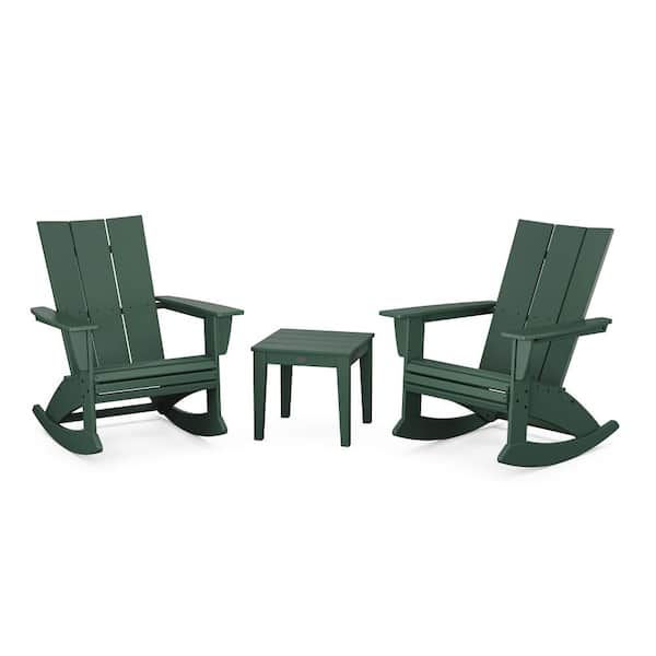 POLYWOOD Modern Curveback Adirondack Rocking Chair Green 3-Piece HDPE Plastic Patio Conversation Set