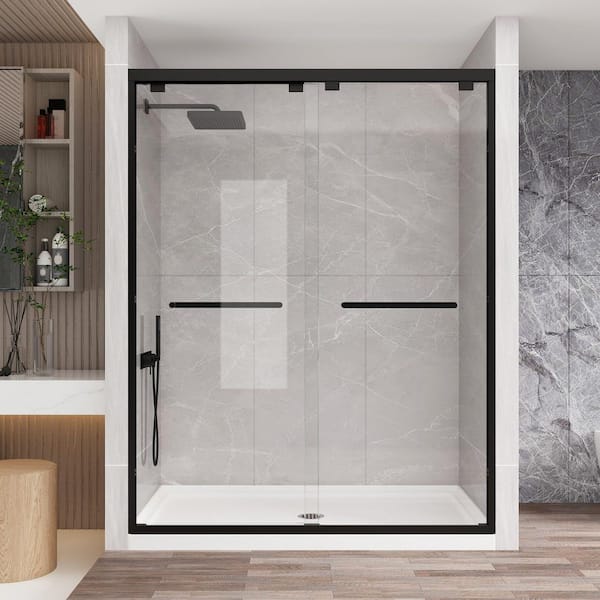 KPUY 56 in. to 60 in. W x 76 in. H Double Sliding Framed Shower Door in Matte Black with 1/4 in. (6 mm) Tempered Glass