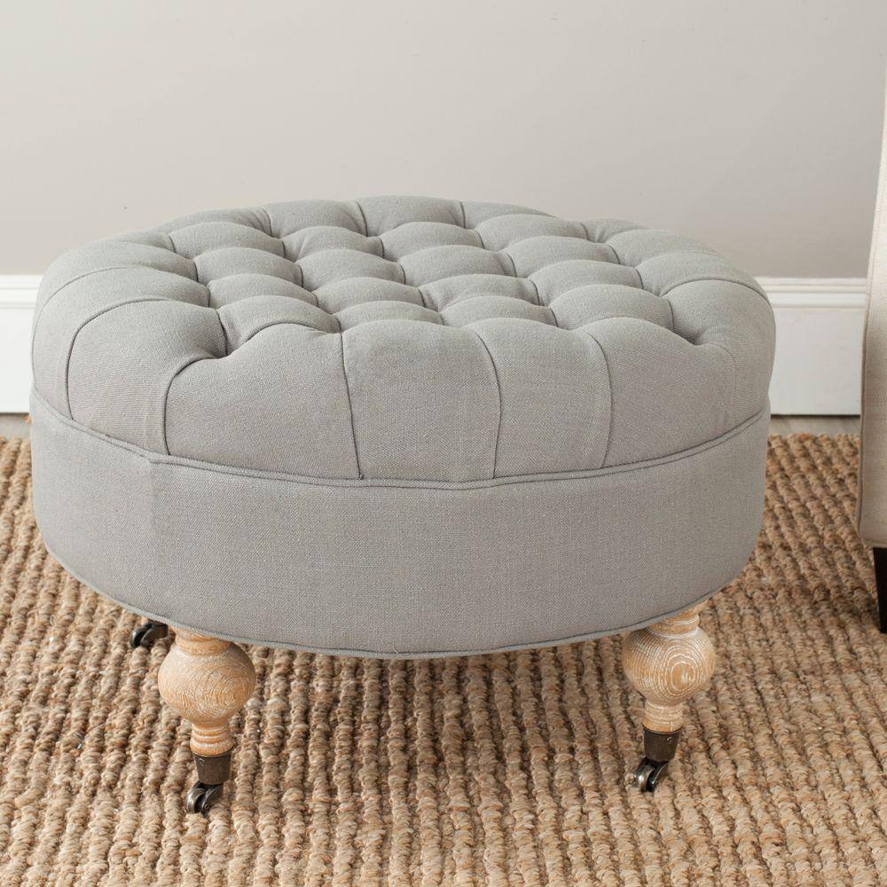 Clara Transitional Granite Grey Tufted Round Ottoman