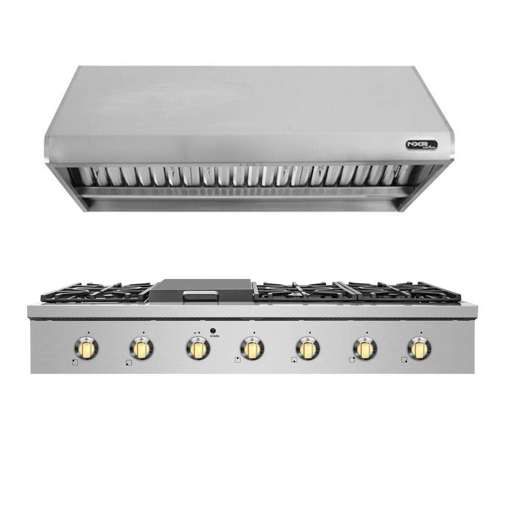 NXR Entree Bundle 48 in. Pro-Style Gas Cooktop with 6 Burners, Griddle Burner and Range Hood in Stainless Steel and Gold